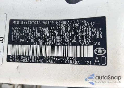 2012 Toyota Corolla Le from USA, damaged, VIN 2T1BU4EE7CC891424